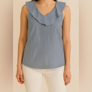 J.Crew Ruffle Collar Blue White Striped Sleeveless Top Coastalcore Size 0 Preppy